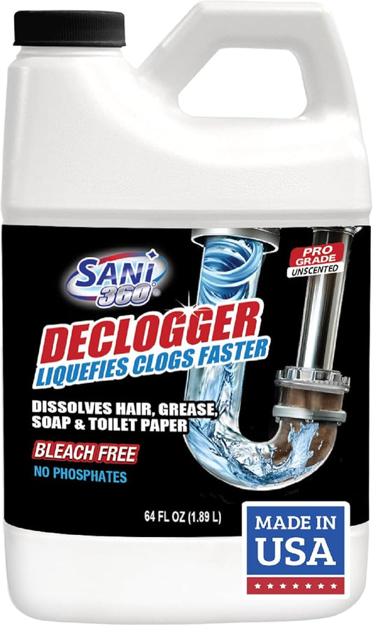 Sani 360° Declogger Dissolves Hair, Soap Scum, Blockage, Toilet Paper. Drain Clog Remover works on Sinks, Shower, Bathtubs, Non-Corrosive, Safe for Pipes and Septic Systems, MADE IN USA (64 FL OZ)