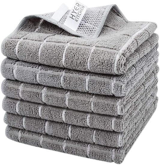 HYER KITCHEN Microfiber Kitchen Rags, Cleaning Cloth for Dishes, All-Purpose - Absorbent and Lint Free Household Dish Rags with Scrub Side, 6 Pack Size 12” X 12”