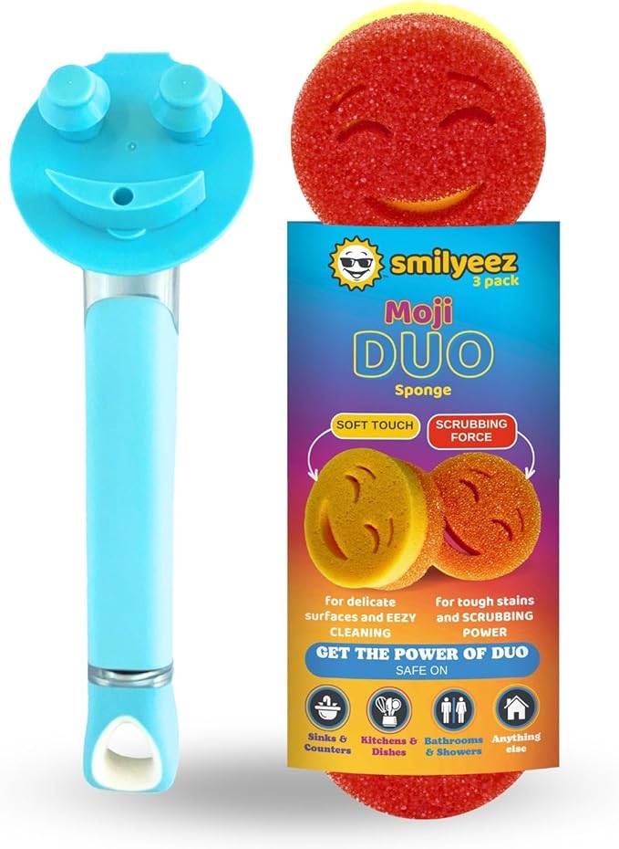 The Original Smiling Handle for Scrub Daddy (Reg. TM) Sponge and Scrub Moji Sponge - (Light Blue Handle) & 3 Scrub Moji DUO's