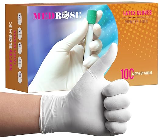 MedRose Large Latex Gloves - 100 Count Rubber Gloves - Disposable Gloves Powder Free, Waterproof, White