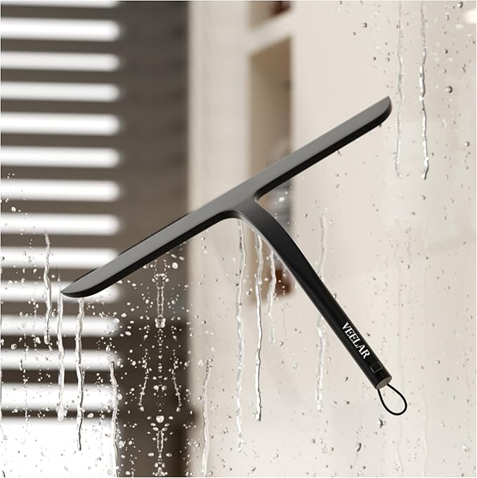 VEELAR Shower Squeegee for Shower Glass, Bathroom Glass Cleaning Tool with Hook Mount, Squeegee for Glass Doors, Window Cleaning, Tile Shower Walls (Black)