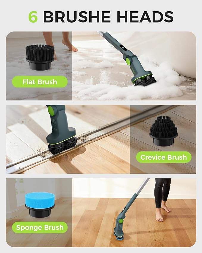 Electric Spin Scrubber Cordless Dual-Brush, IPX7 Waterproof Bathroom Power Scrubber Removalbe Extendable Handle with Digital Display, 2 Speeds, 6 Brush Heads for Bathroom, Tub, Tile, Shower, and Car