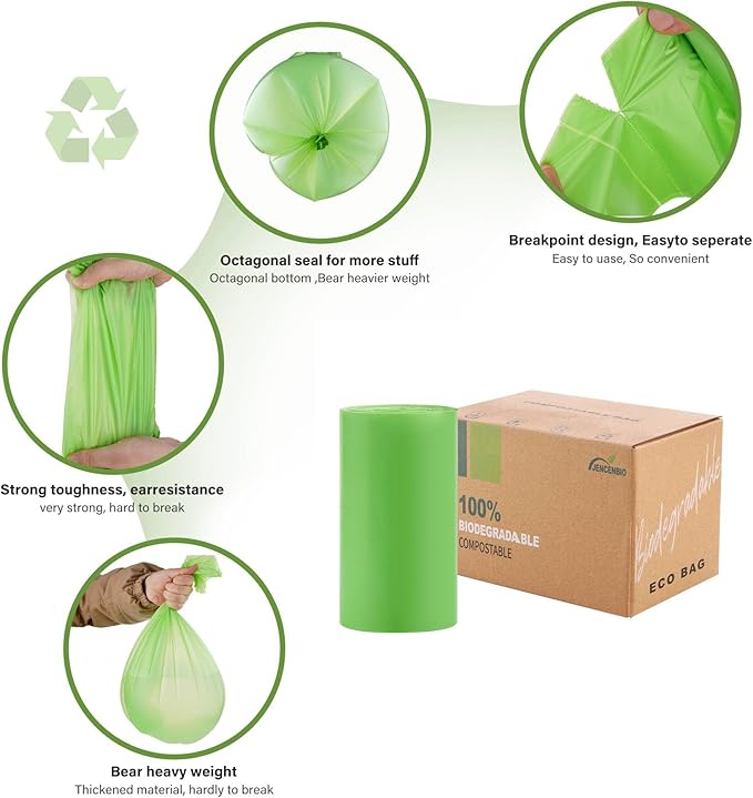 JENCENBIO Compost Bags, 13 Gallon, 50Liter, Extra Thick 1.1 Mils, Compostable Food scrap waste bags with US BPI ASTM D6400 and Europe OK Compost Home Certified
