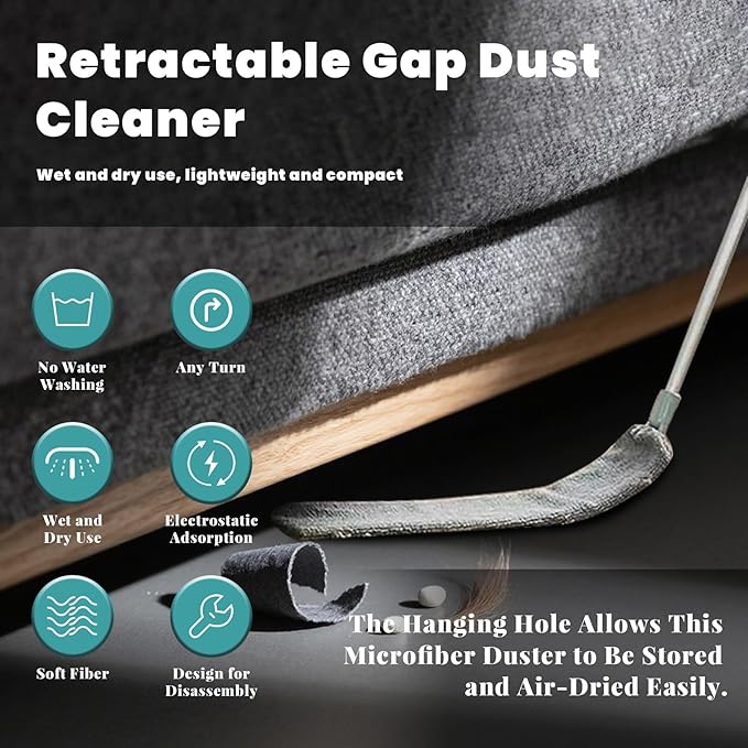 Flat Duster, Retractable Gap Dust Cleaning Artifact, Extendable Microfiber Duster with Bendable & Removable Head, Reusable Washable Dusting Wand for Home,Ceiling,Blinds (1pcs)