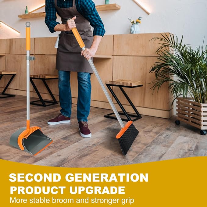 Dirty Fox Broom and Dustpan Set with 54 Inch Long Handle - Perfect Dust Pan and Brush Combo for Home Efficient Cleaning (Orange and Grey)