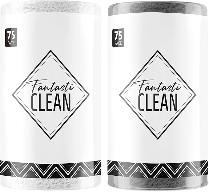 Fantasticlean Microfiber Cleaning Cloth Roll -150 Pack, Tear Away Microfiber Towels, 12" x 12", Reusable, Washable, Ultra Absorbent Dishcloth for Car, Home Supplies, Pet, Kitchen (White & Dimgrey)