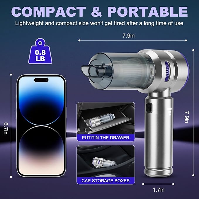 TianJQiS Handheld Car Vacuum Portable Cordless - 18000PA High Power with Brushless Motor, 4-in-1 Air Duster, Blower, Pump & Rechargeable Mini Vacuum for Car, Home, Office (Silver Grey+Blue)