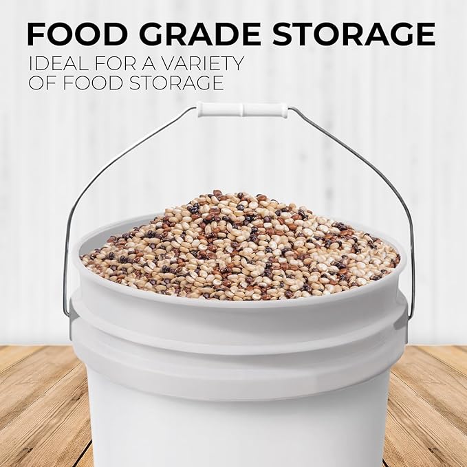 6.5-Gallon White Bucket Pail Container with Lid | Food Grade | Heavy-Duty 90MIL Extra Durable | Metal Handles with Plastic Grip for Easy Carrying | Multi-Use | Easy Stack and Store | BPA Free - 6 Pack