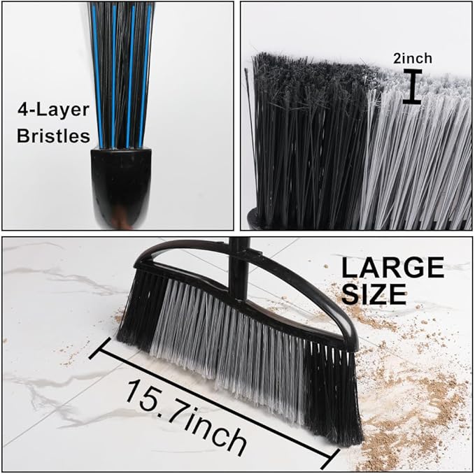 MuLing Heavy Duty Outdooor Broom - 15.7" Wide Broom with Long Adjustable Handle & Stiff Bristles for Patio, Garage, Yard, Garden (Black)