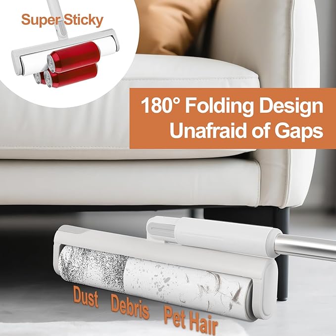 Large Lint Roller for Pet Hair, 9.45'' Extendable Lint Roller with 7 Extra Sticky Refills (420 Sheets), One-Click Spring Button for Easy Refill Change, Furniture Floor Car Clothes Hair Remover