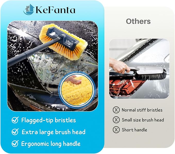 KeFanta Car Wash Brush with Long Handle, 58.5'' Soft Bristle Cleaning Tool for Truck Exterior, RV, Boat, Solar Panel, Deck Washing, 2 Wax Applicator Pads Included