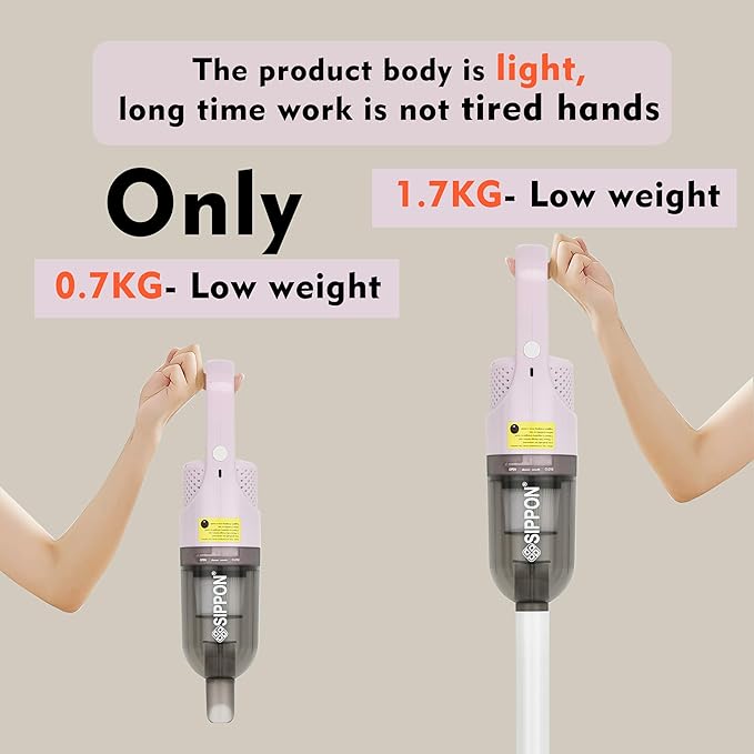 SIPPON 6-in-1 Lightweight Stick Vacuum Cleaner with 100W Powerful Motor, Mini Portable Household Handheld Vacuum Cleaner for Domestic Hard Floors, Carpets and Pet Hair(Pink Cordless with Plug)