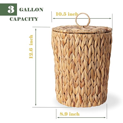 3 Gallons Wicker Waste Basket with Lid and Liner - Wicker Trash Can for Bedroom, Bathroom, Kitchen, Living Room - Boho Handwoven Water Hyacinth Garbage Can with Lid for Home, Office
