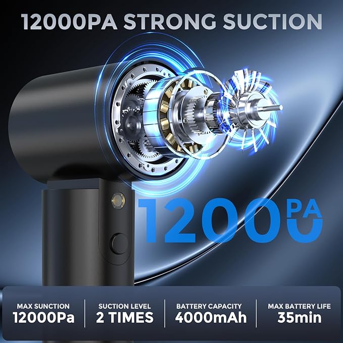 TURNRISE Car Vacuum Cordless: 12000Pa 2 in 1 Handheld Vacuum & Blower - Hand Vacuum Portable Cordless with Led Light, Multi-Nozzles for Car, Home, Office, Pet, Hair