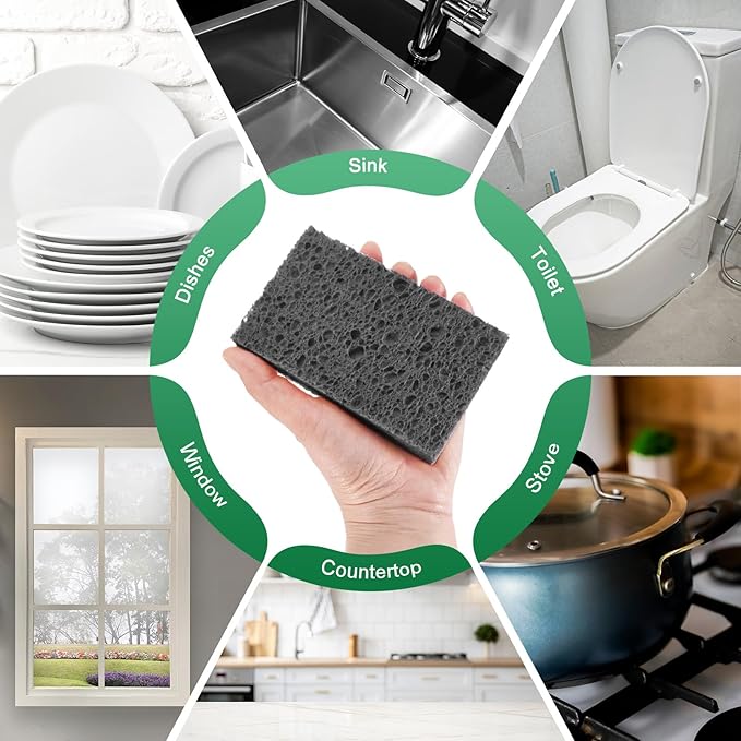 M METERXITY 12-Pack Kitchen Sponges, Condense Eco Cellulose Non-Scratch Scrub Heavy Sponge for Kitchen/Household/Bathroom, Clean Tough Messes Dish Scrubber [Black]