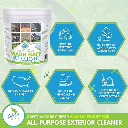 Wash Safe™ SUPREME Eco-Safe and Organic All-Purpose Exterior Cleaner, 10 lb | | Clear, Bleach-Free Powder Solution | Clean Up to 10,000 sq. ft. of Roof, Vinyl Siding, Wood, Decks, Concrete and More