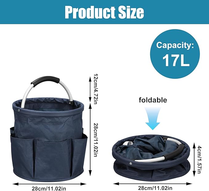 Cleaning Caddy with Handle, 17L Cleaning Supply Caddy Foldable Bucket Organizer Cleaning Products Organizers Cleaning Tools Bag 4.5 Gallon(Navy blue)