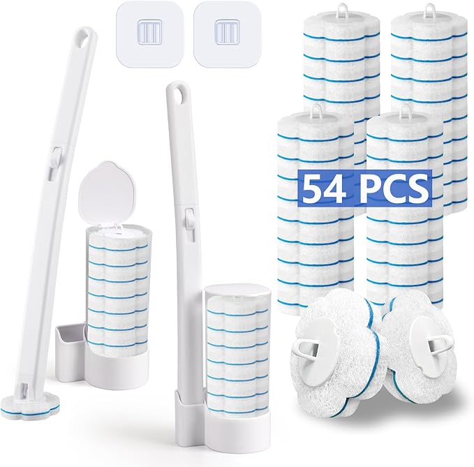 Ucaimao Disposable Toilet Brush， 2 Pack Toilet Wand and Holder with 54 Cleaner Refills Disposable Toilet Cleaning System Cleaner Pads for Toilet Bowl，Bathroom Cleaning，Sink，Bathtub - White