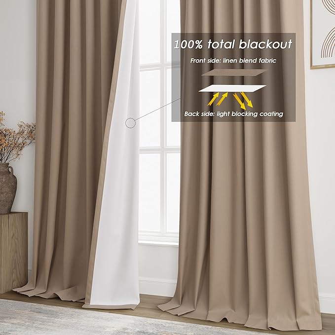 Nanspring Tan Green Linen Blackout Curtains 72 inch Length for Living Room Boho Farmhouse Back Tab Rod Pocket Thermal Insulated Textured Living Room Blackout Curtains 2 Panels Set 52x72 Inch