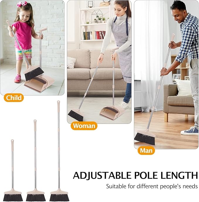 XXFLOWER Broom and Dustpan Set with Long Handle, Light Weight Stainless Steel Poles Stand Upright Dustpans with Broom Combo for Home Kitchen Office Pet Dog Hair, Brown & Beige Color, 1-Pack