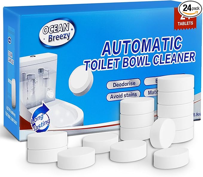 OceanBreezy Automatic Toilet Bowl Cleaner Tablets, Bleach & Oxidation Formula for Powerful Cleaning, Deodorizing & Descaling, Long-Lasting Slow-Release Toilet Tank Cleaner, Septic Safe, 24 Tablets