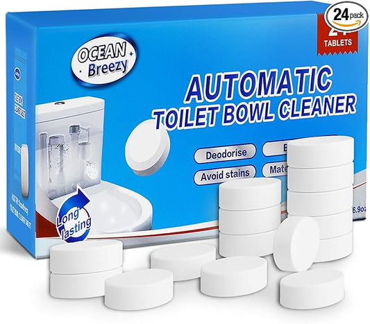 OceanBreezy Automatic Toilet Bowl Cleaner Tablets, Bleach & Oxidation Formula for Powerful Cleaning, Deodorizing & Descaling, Long-Lasting Slow-Release Toilet Tank Cleaner, Septic Safe, 24 Tablets