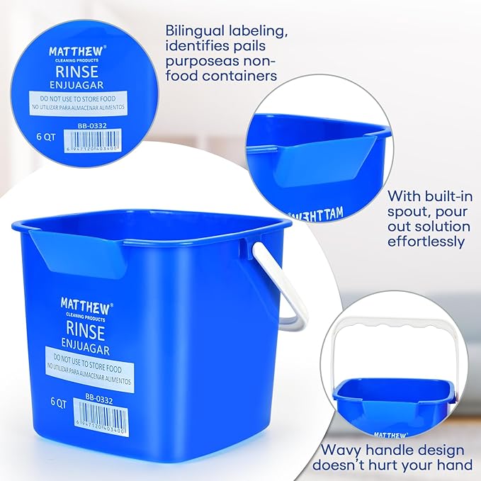 Matthew Red&Green&Blue Detergent and Sanitizing Cleaning Bucket 6 Quart Cleaning Pail,Set of 3 Square Containers,Built-In Spout w/Handle,Wash Rinse Sanitize Handwash Bucket,Incl.3Pcs Microfiber Cloths