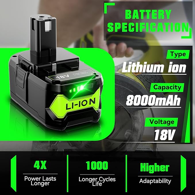 Bonacell 2Packs Upgraded 8.0Ah Replacement for Ryobi 18V Battery and Dual Charger Combo Compatible with Ryobi 18 Volt Lithium Battery ONE Plus P103 P104 P105 P107 P109 P190 P191 P122