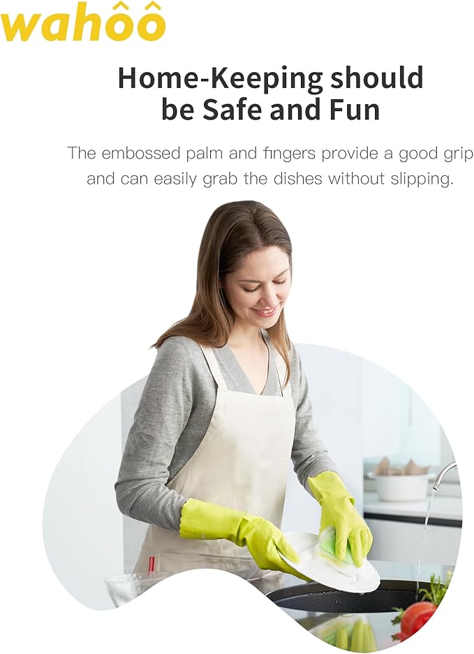 wahoo Skin-Friendly Cleaning Gloves, Cotton Flocked Lined Dishwashing Gloves, Reusable, Non-Slip, Waterproof, Bud Tender, Large