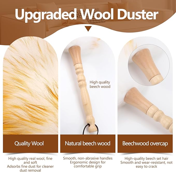 iHUFeather Lambswool Duster for Cleaning with Solid Wooden Handle Leather Hang Strap 19.6 inch Natural Feather Duster for Cleaning Ceiling Fans Window Blinds Computer Furniture(2 Pack)