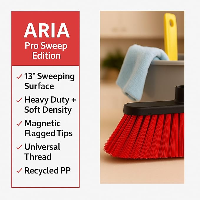 Healing Atlas Aria Red Pro Sweep Edition – 13” Wide Sweeping Surface – Heavy-Duty Magnetic Flagged Bristles – Universal Thread – Recycled PP – Deep Indoor/Outdoor Professional Sweeper (RED, ARIA)