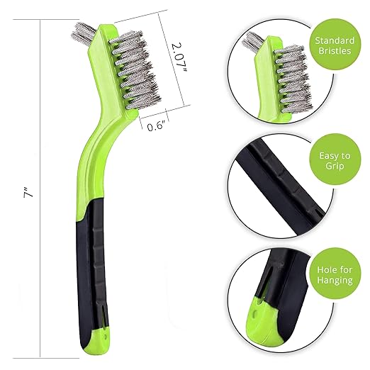 Lavaxon Wire Brush Set 3Pcs - Nylon/Brass/Stainless Steel Bristles with Curved Handle Grip for Rust, Dirt & Paint Scrubbing with Deep Cleaning – 7 Inches (Green)