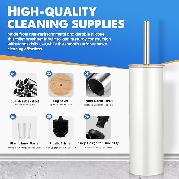 ODJSY Compact Toilet Brush and Holder 2 Pack,SetStainless Steel Handle Toilet Brush,Deep Cleaning,Durable Nylon bristles,Splash-Proof Design(White&Black)