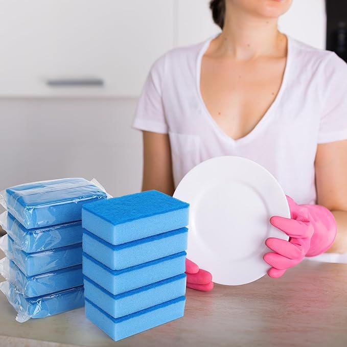 Ovveroche 50 Pcs Individually Wrapped Sponges, Uncompressed Non Scratch Scrouing Sponges for Household Cleaning Dishes Kitchen Airbnb Apartment Car Bike Blue