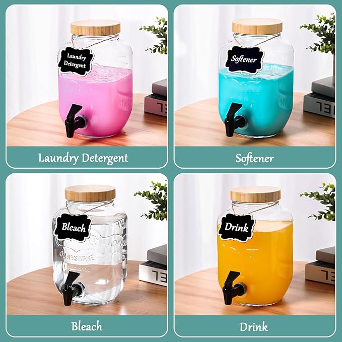 Liquid Laundry Detergent Dispenser BY VEGEVIGI, 128OZ Glass Laundry Soap Disepnser Container, Fabric Softener Dispenser, Laundry Room Organization, 2P