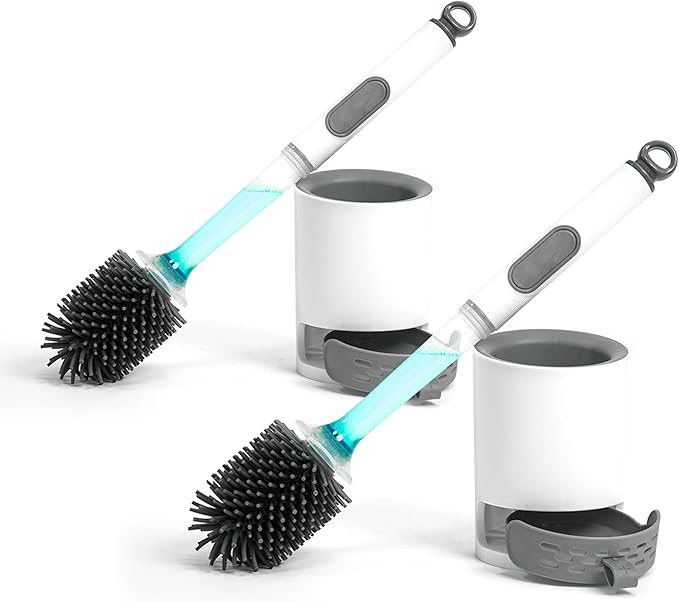 BERGFBV Silicone Toilet Brush and Holder Set, 2 Packs Bendable Toilet Scrubber for Curved Rim, Non-Scratch Drip-Resistant Brush with Sprayer, Space Saving Bathroom Essentials (2)