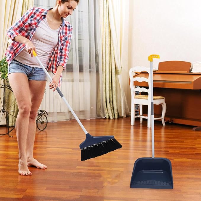 ULTECHNOVO Stand Up Dustpan and Broom Set - Long Handle Broom with Upright Standing Dust Pan - Angled for Indoor Outdoor Home Kitchen Office Floor Cleaning (Blue)