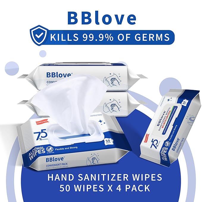 75% Alcohol Wet Hand Sanitizing Wipes – 4 Packs of 50 Count (200 Total Wipes) Moisturizing Aloe Vera Formula Travel Size for Home Office School On-The-Go