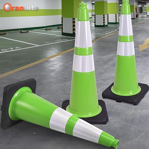 Fluorescent Orange/Green PVC Traffic Cones, Heavy Black Base Parking Lot Cone Structurally Stable Weatherproof Road Construction Safety Cones (4, Green, 28" Large)