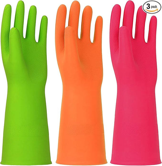 3 Pairs Rubber Cleaning Gloves Latex Free Dishwashing Gloves - 13" Reusable Nitrile Gloves Medium, Green+Orange+Red