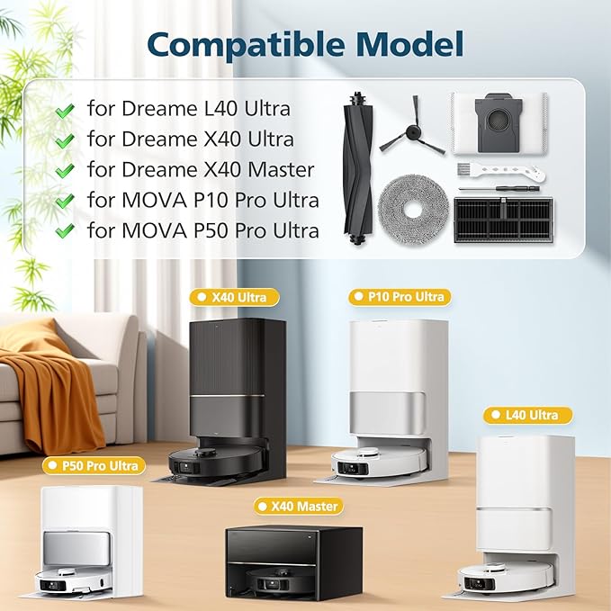 Accessories for Dreame L40 Ultra / X40 Ultra / X40 Master, and for MOVA P10 / P50 Pro Ultra Robot Vacuum, 2*Rubber Main Brushes, 4*Dust Bags, 6*Mop Pads, 4*Filters, 6*Side Brushes