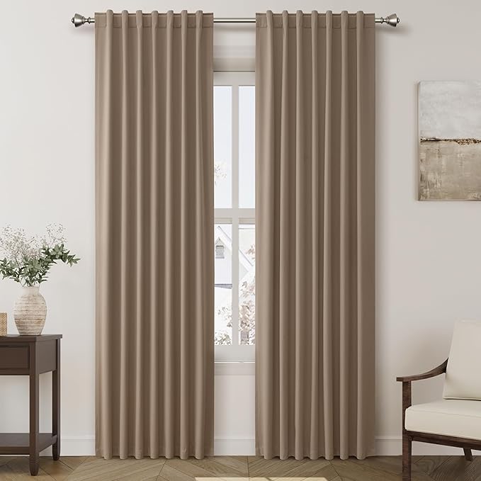 Nanspring Tan Linen Blackout Curtains 84 Inches Long Back Tab Burlap Flax Bedroom Blackout Curtains 2 Panel Sets Rustic Farmhouse Full Light Blocking Thermal Insulated Curtain 84 Inch Length