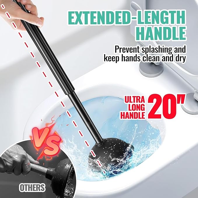 2 Pack 4 in 1 Toilet Brush and Plunger Set with Crevice Cleaning Brush, Toilet Plunger and Brush Set with Extra Long Handle, Plungers for Bathroom Accessories, Toilet Plunger with Holder, Black