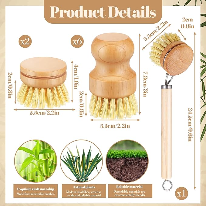 COMNICO Bamboo Dish Brush Set, 9 Pack Kitchen Natural Wooden Cleaning Scrubbers Set Washing Dish Brush Scrubber with Natural Sisal Bristles for Household Cleaning Vegetables
