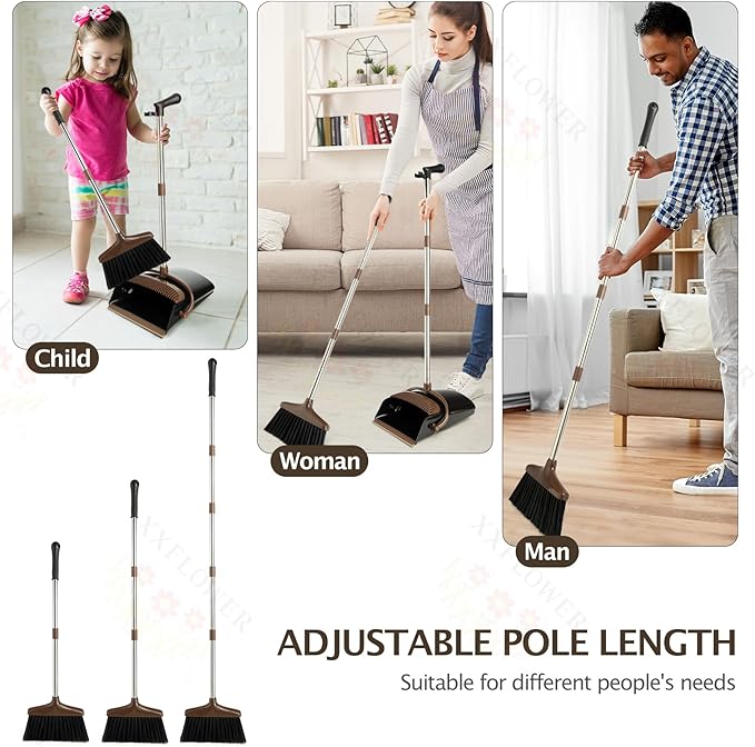 XXFLOWER Broom and Dustpan Set with Long Handle, Light Weight Stainless Steel Poles Stand Upright Dustpans with Broom Combo for Home Kitchen Office Pet Dog Hair, 1-Pack (Black Brown)