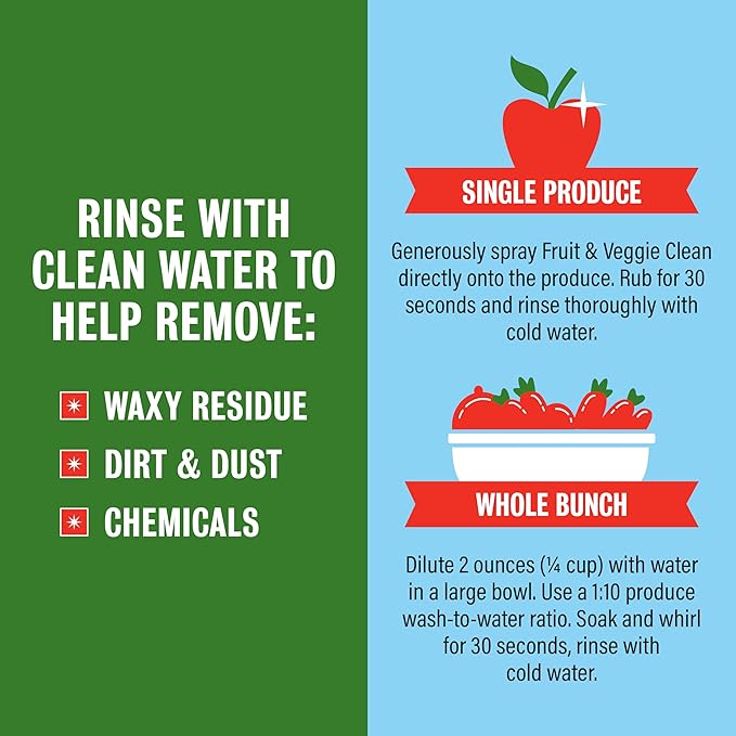 Rebel Green Fruit & Veggie Clean - Plant-Based Produce Cleaner - Natural Fruit & Vegetable Wash with No Aftertaste - Chemical & Wax Removal - 16 Fluid Ounces Bottle & 64 Fluid Ounces Bottle