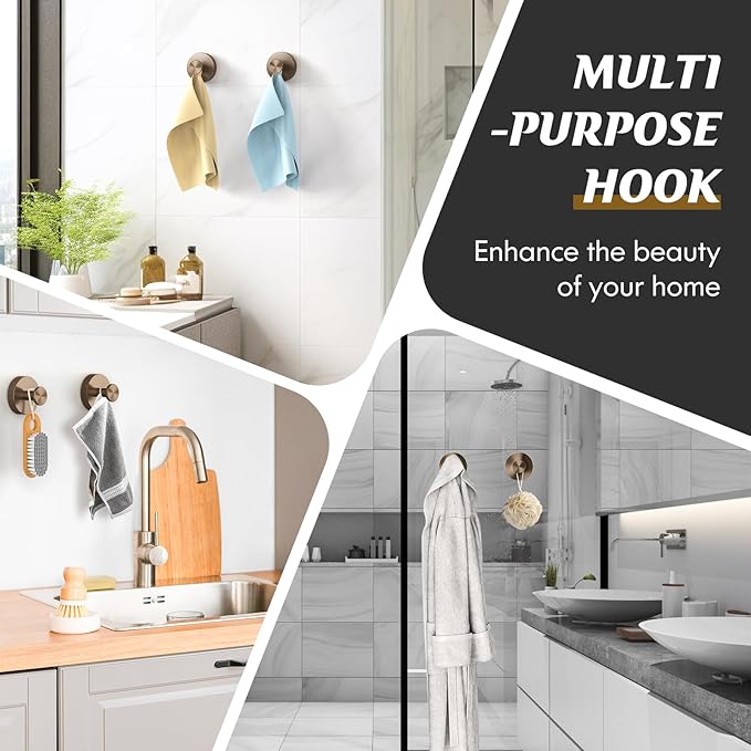 MOTAIPEAK Suction Cup Hooks for Shower,2Pcs Shower Towel Suction Hooks,No Drill Towel Hooks for Bathroom Wall,Kitchen,Glass,Mirror,Tile to Hang Towels,Robes,Loofah-Champagne Bronze