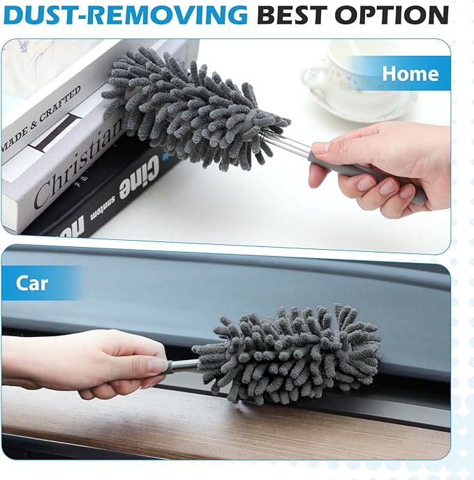 ZZ LAZYCOTTAGE 12 Pack High Duster with Extension Pole, Reusable & Washable Feather Duster, Microfiber Dusters for Cleaning for Ceiling Fan, Sofas, Ceiling, Car, Cabinet, Furniture, Blind(Gray)