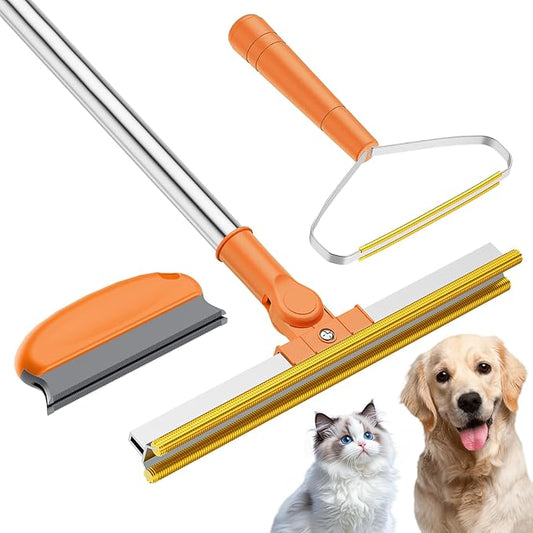 Bolfie 3 in 1 Carpet Rake for Pet Hair Removal, Tool Set of 3, 55” Long Handle Carpet Pet Hair Removal Carpet Scraper Dog Cat Hair Remover for Sofa, Couch, Car, Rug (Orange)