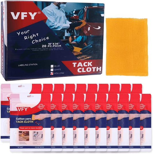 VFY Tack Cloth 20-PC, Individual Wrapping High Tack Yellow, 18"x 36" Size, 20x16 Mesh Tack Rags, Reclosable Zipper Bag, Wax & Silicone Free Anti-Static for Woodworking, Automotive Painting & Sanding